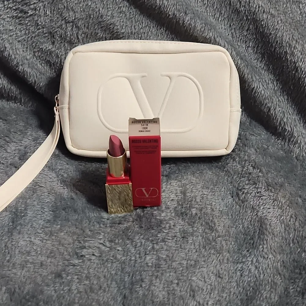 Valentino- Cosmetics Pouch-Wristlet (Cream🍦) Bundle with Valentino Lipstick